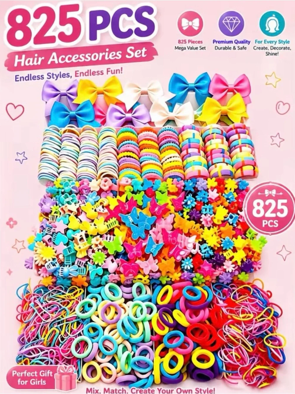 825-Piece Kids Hair Accessories Set — Bright Multicolor Hair Clips & Elastics